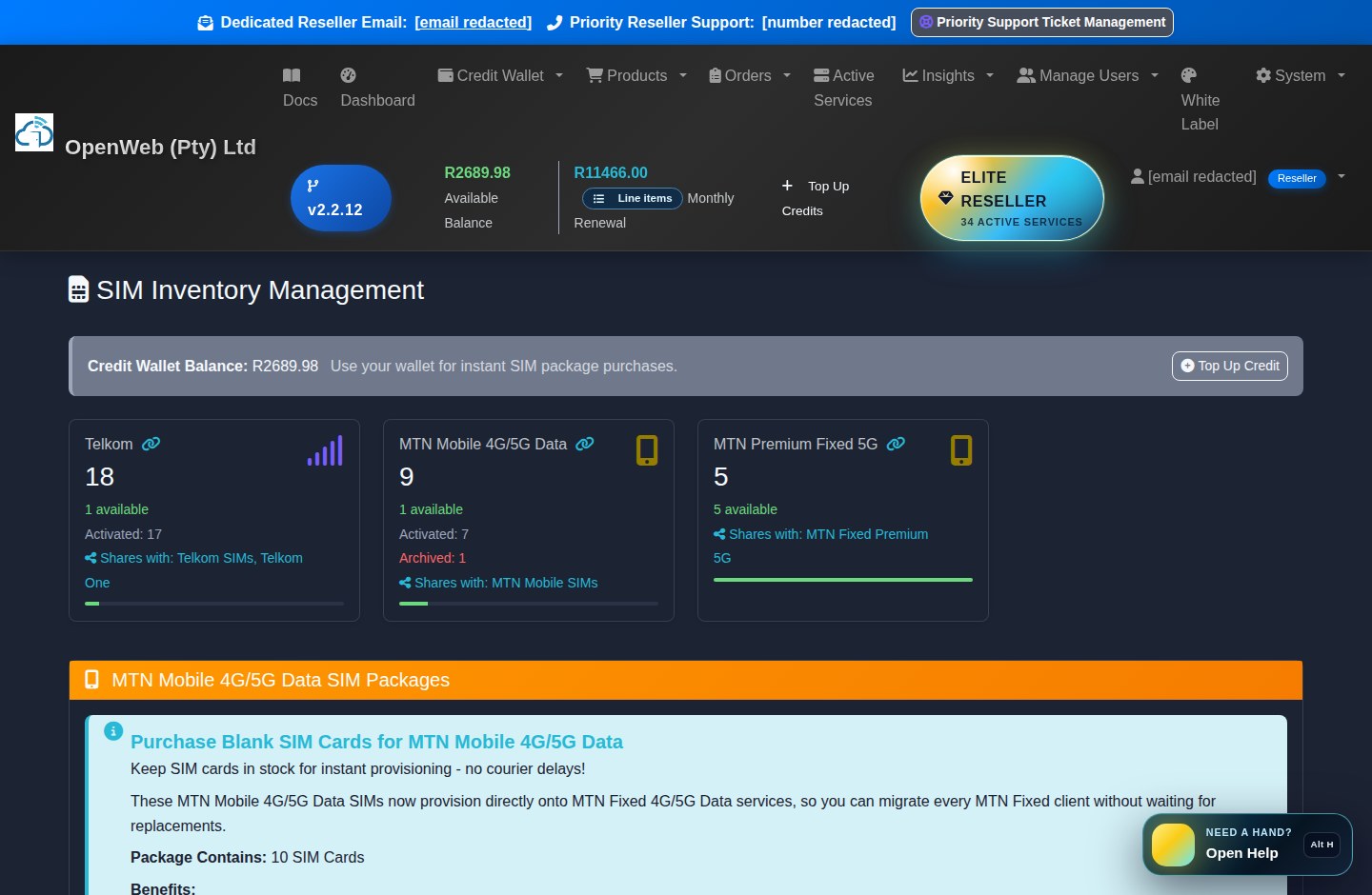 Current OpenWeb reseller panel screenshot: SIM inventory